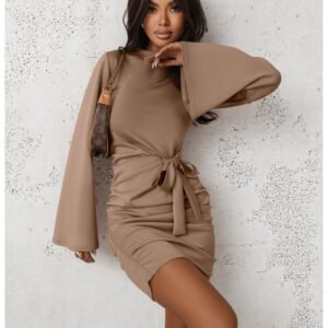 4ae7ad610c93c21598c40fe45b07088445a224ec Masełkowa sukienka mini z wiązaniem MERE – mocha mousse
