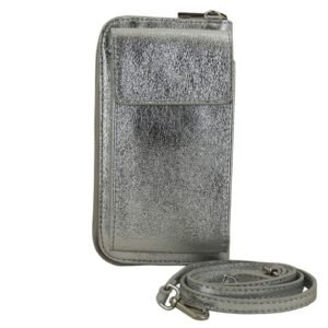 902c41d3fad73f59c30ef55edefaaaa92a990985 Portfel / etui na telefon ze skóry metalizowanej – Srebrny
